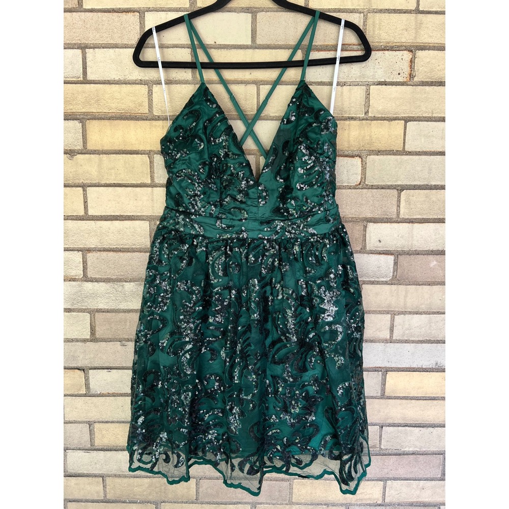 Lulus Dark Green Sequin Mini Fit & Flare Dress Size Large Party Cocktail